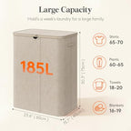 Lifewit 185L Large 3 Section Laundry Hamper with Lid, Plastic Laundry Basket with Bamboo Handles and Removable Bags, Tall Foldable Clothes Hamper for Bathroom Bedroom, Beige - color: Beige
