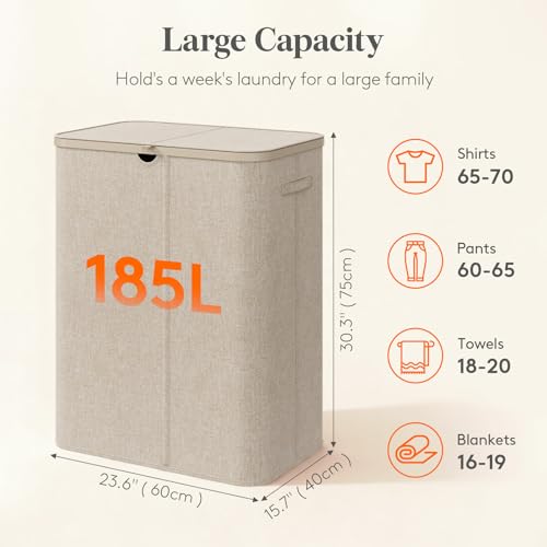 Lifewit 185L Large 3 Section Laundry Hamper with Lid, Plastic Laundry Basket with Bamboo Handles and Removable Bags, Tall Foldable Clothes Hamper for Bathroom Bedroom, Beige - color: Beige