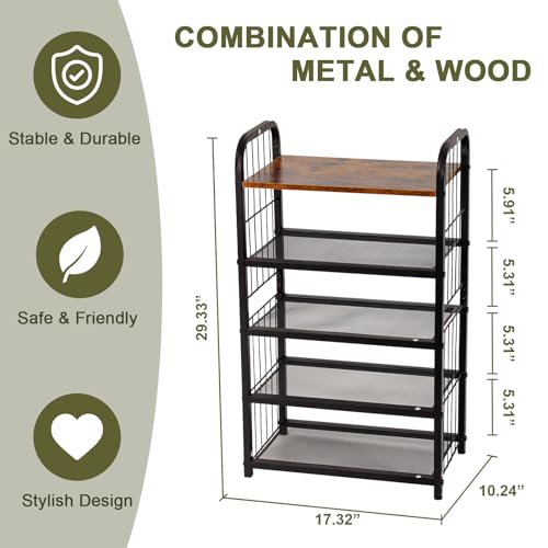 Shoe Rack, 5-Tier Shoe Organizer with Guardrails, Heavy-Duty Metal Mesh Shelves & Rustic Wooden Top for Stylish Closet & Front Door Storage - size: 17.32" X 10.24" X 29.33"