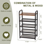 Shoe Rack, 5-Tier Shoe Organizer with Guardrails, Heavy-Duty Metal Mesh Shelves & Rustic Wooden Top for Stylish Closet & Front Door Storage - size: 17.32" X 10.24" X 29.33"