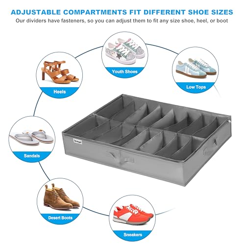 INAYA Under Bed Shoe Storage Organizer Set of 2, Fits 32 Pairs, Underbed Shoe Box Storage Containers Adjustable Dividers w/Bottom Support, Clear Foldable Shoes Storage w/Reinforced Handles - size: 16+16 Cells