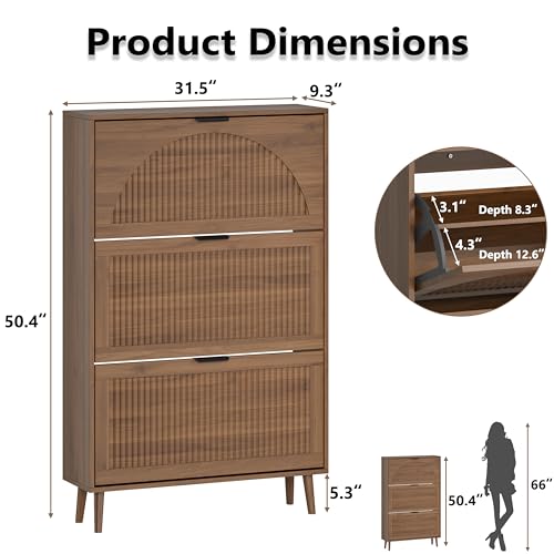 BORNOON Shoe Cabinet for Entryway with 3 Flip Drawers, Slim Wooden Shoe Storage Organizer with Modern Fluted Pannel，Freestanding Narrow Hidden Shoe Rack for Hallway, Foyer, Living Room - color: Walnut, size: 3 Flip Drawers