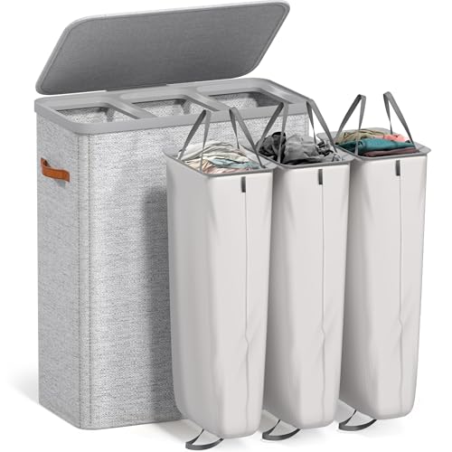 Sorbus Laundry Hamper with Lid - Collapsible 3-Compartment Fabric Laundry Basket with Handles and Removable Laundry Bag – 50 Gallon (190 L) Dirty Clothes Hamper for Bedroom, bathroom and dorm (Gray) - color: Gray, size: 3 Compartment