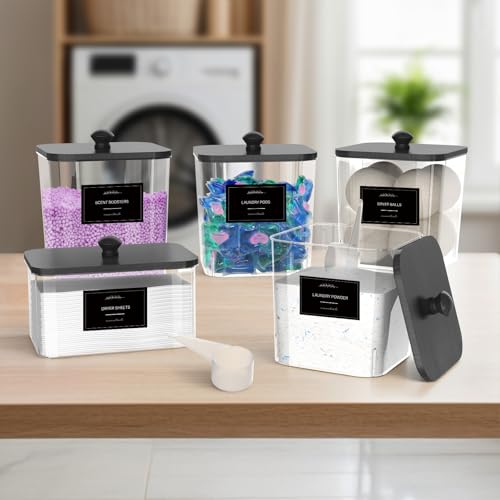 COAZEX 4+1 Pack Clear Laundry Pods Container & Dryer Sheet Holder, Plastic Square Laundry Room Organization and Storage Jars with Black Lids, Scoops & Labels for Detergent, Powder, Dryer Balls - color: 4+1 Pack