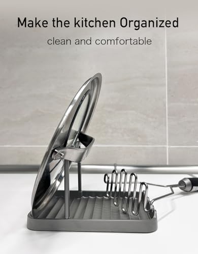 Anti-Rust Metal Spoon Rest with Lid Holder, Heat-Resistant Pot Lid Rest, Multifunctional Spatula Holder While Cooking for Stovetop and Kitchen Counter – Grey - color: Gray