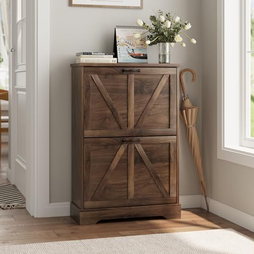 Smart FENDEE Shoe Cabinet, Shoe Storage Cabinet for Entryway with 2 Flip Drawers, Narrow Farmhouse Shoe Organizer Cabinet, Slim Shoe Rack Cabinet, 23.6in Walnut - color: Walnut, size: Width - 23.6 inches
