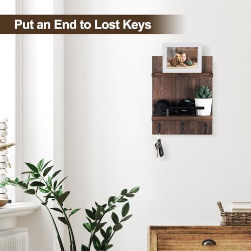 Key Holder Wall Mount, Mail Shelf Decor with 3 Key Hooks, Versatile Wood Wall Organizer for Entryway Hallway (8.2” x 10.6”x 3.6”) (Brown) - color: Brown