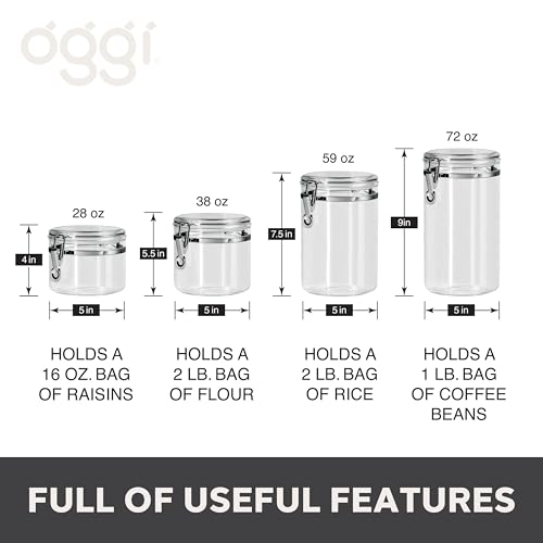 Oggi 4pc Clear Canister Set with Clamp Lids Airtight Containers in Sizes Ideal for Kitchen & Pantry Storage of Bulk, Dry Foods Including Flour, Sugar, Coffee, Rice, Tea, Spices & Herbs - size: 4-Piece Value Set