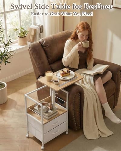 Faesun Swivel Lift Top Nightstand with Charging Station, Rolling Side Table for Recliner, Bedside Table with Wheels & 2 Fabric Drawers, for Small Spaces, for Bedroom, Living Room, Oak White - color: Oak White, size: 2 Drawers