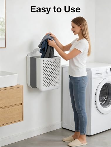 Collapsible Laundry Hamper, Household Foldable Dirty Wall Hanging Multi-Functional Hollow Storage Basket Large Capacity Storage Bucket, Plastic Collapsible Hanging Laundry Basket with Carry Handle
