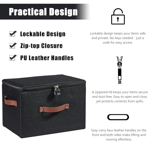 2PCS Storage Bins Boxes with Zipper Lid Combination Lock PU Leather Handles Cotton Linen Fabric Lidded Lockable Baskets Foldable Washable Closet Shelf Organizer Container (Black, Large) - color: Black, size: Large ( Set of 2 )