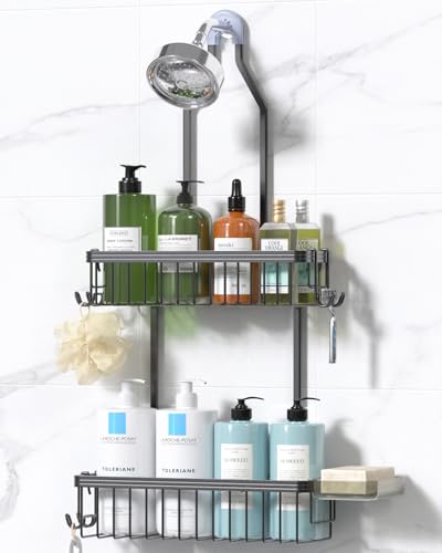 YASONIC Shower Caddy Hanging, Never Rust Shower Organizer Hanging, Aluminum Shower Racks for Inside Shower with Hooks for Razor, Bathroom Organizers and Storage with Soap Holder, Grey - color: Grey