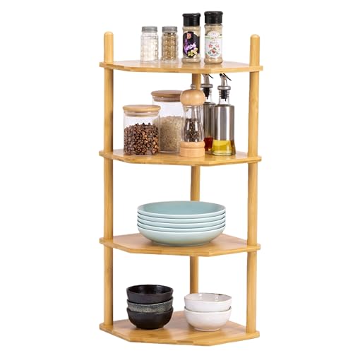 4-Tier Expandable Bamboo Corner Shelf - Dish/Plate Organizer for Cabinet, Kitchen Counter Shelf & Small Kitchen Shelf, Adjustable (Natural, 1-Pc 4-Tier) - color: 6.7"H-Natural-4