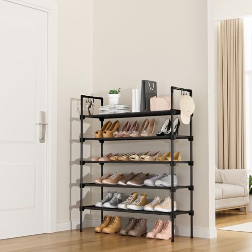 LANTEFUL 5 Tier Shoe Rack for Closet Shoe Organizer with 5 Hooks, Long Shoe Shelf Storage for Shoe and Boot Stackable Free Standing Shoe Rack for Entryway, Garage, Small Spaces, Dorm, Black - color: Black, size: 27.8"W - 5 Tier