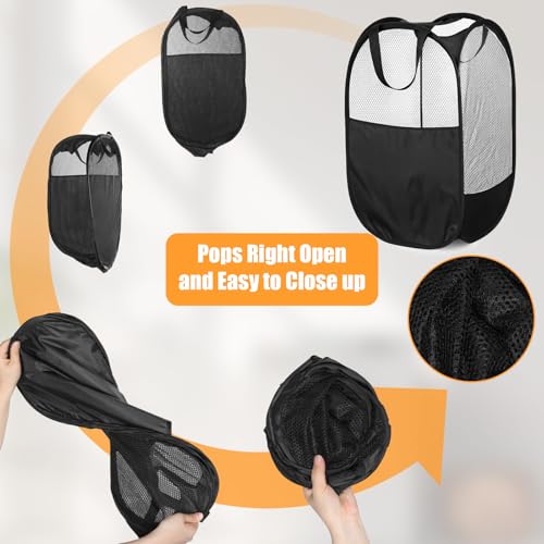 9Pcs Mesh Hamper Pop up Hampers for Laundry Foldable Laundry Basket with Sturdy Handles (Black/White/Blue) Dirty Clothes Baskets for Bedroom College Dorm Travel Storage - color: Black-9PCS