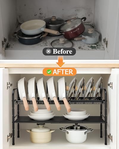 HULISEN Pots and Pans Organizer Under Cabinet, Expandable 2-Tier Pots and Pans Lid Storage Rack Holder with 10 Dividers, Adjustable Height Under Sink Organizer, Maximize Kitchen Storage Space