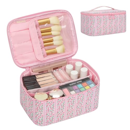 OCHEAL Makeup Bag for Women - Travel Cosmetic Organizer with Brush Slot & Divider, Large Capacity Toiletry Bag for Girls, Travel Makeup Case for everyday Make up Accessories -Pink Floral - color: 0020_Floral Pink, size: Medium