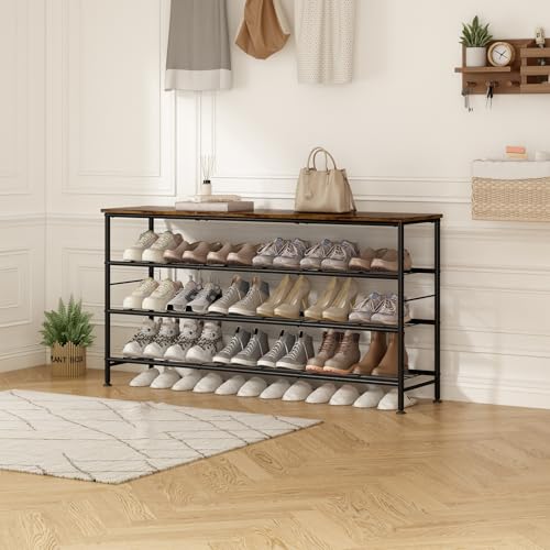 SUOERNUO Shoe Rack Organizer 4 Tier for Closet Entryway Free Standing Metal Storage Shoe Shelf with MDF Top Board (Black+Rustic Brown, Large 4 Tier) - color: Black+rustic Brown, size: Large 4 Tier