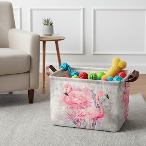 Flamingo Storage Basket Waterproof Canvas Toy Storage Bin Home Flamingo Decor Collapsible Outdoor Basket with Leather Handles Flamingos Gifts Blanket Baskets For Closets,Bedrooms,Bathroom - color: Flamingo