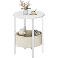 Vagusicc Round Side Table End Table with Storage Basket, Small Side Table Round Nightstand for Small Spaces, Tall Oval End Table with Steel Frame, Coffee Bedside Table for Living Room Bedroom, White - color: White