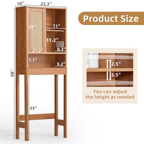 LEYAOYAO Over The Toilet Storage Cabinet with Rattan Sliding Door, 68" Tall Wood Above Toilet Bathroom Organizer w/Adjustable Shelf & Curved Profile, Space Saver Freestanding Washer Shelf - color: Teac, size: 10"D×23.3"W×68"H