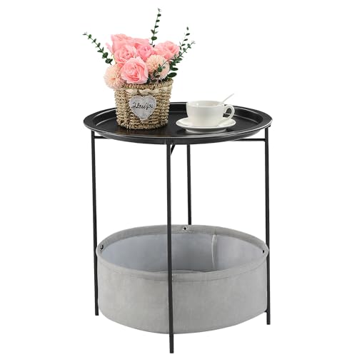 VECELO Round Side/End Table with Fabric Storage Basket，Metal Anti-Rust and Waterproof Small Bedside Nightstand with Removable Tray Top for Living Room，Balcony & Laundry，Black /1pcs with Basket - color: Black, size: 1 PCS with Basket