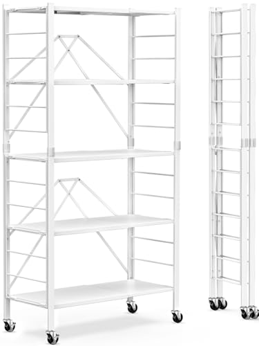 Himix 5 Tier Foldable Storage Shelves, Expandable Folding Pantry Shelf with Wheels, Changeable into 2 Shelf Units, Collapsible Storage Rack Metal Shelves for Kitchen, Room, Garage, White - color: White, size: 5-Tier
