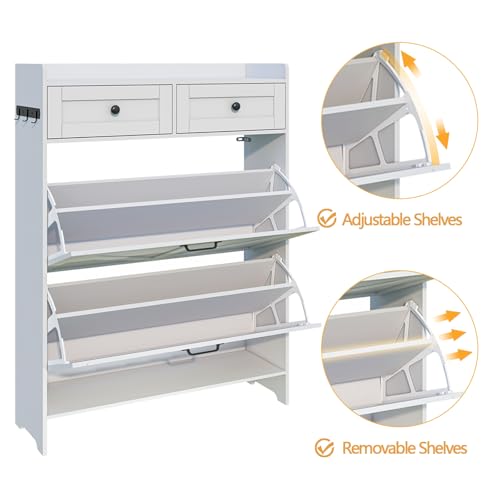 Viaozutis Shoe Cabinet with 2 Flip Drawers & 2 Storage Drawers, Space-Saving Shoe Storage Cabinet with Adjustable Shelf for Entryway or Hallway, Farmhouse Shoe Organizer Holds Up to 20 Pairs White