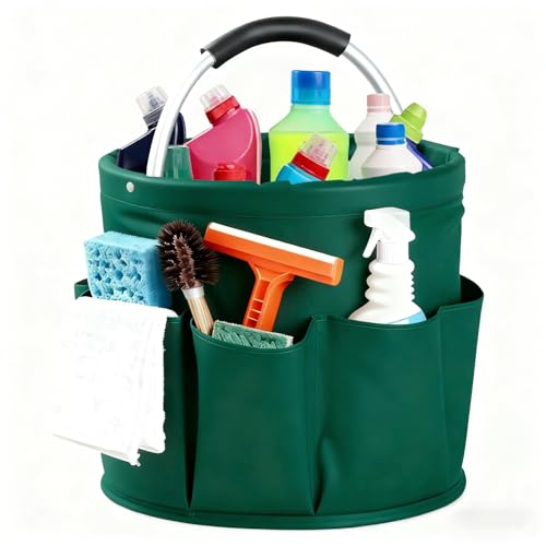 Cleaning Caddy with Handle, Cleaning Products Organiser, Foldable Storage Basket, Large Supply Organiser 17L with 6 Pockets, Portable Cleaning Caddy for Home & Garden (Green) - color: Green