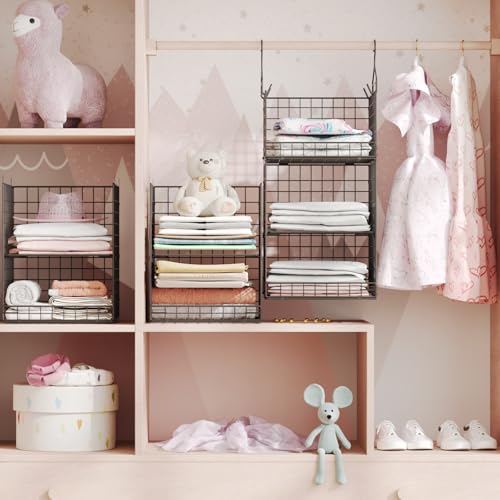 Yuyetuyo 5 Tier Closet Hanging Organizer and Storage Separable Hanging Closet Shelves with 4 Hooks 2 Adjustable Dividers, Wire Storage Basket Bins for Clothing Sweaters Socks Dolls Handbags, Foldable - color: Black, size: 5-Tier