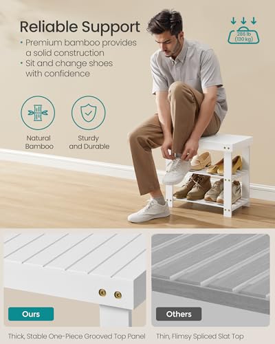 SONGMICS Shoe Rack Bench, 3-Tier Bamboo Shoe Storage Organizer, Entryway Bench, Holds Up to 286 lb, 11.3 x 19.7 x 17.8 Inches, for Entryway Bathroom Bedroom, Cloud White ULBS001W01 - color: Cloud White, size: 19.7"W