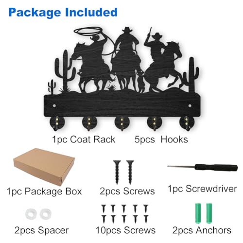 MAYJOYDIY Cowboy Horse Cactus Coat Hooks Wall Mount 11.8×7.9inch Desert Decorative Hooks Rack Wall Art Decor Black Wooden Western Cowboy Key Holder for Wall 5 Alloy Hooks for Kitchen Entryway Gifts - color: Cowboy Horse Cactus