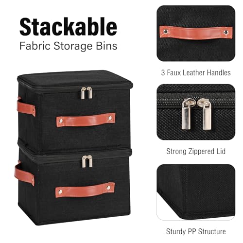 3PCS Storage Bins Boxes with Zippered Lids Cotton Linen Fabric Decorative Basket PU Leather Handles PP Plastic Board Foldable Lidded Clothing Shelf Closet Organizer Container (Black, Small) - color: Black, size: Small ( Pack of 3 )