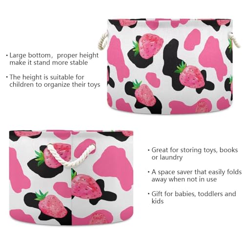 Pink Strawberry Cow Spotted Print Round Storage Basket Large Laundry Hamper 20 x 20 x 14 Inches Organizer Bin with Cotton Rope Handles Clothes Storage Bag for Nursery Bedroom Living Room Decor - color: Pink and Black