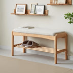Solid Wood Shoe Bench Assembled, Shoe Rack Bench with Cushion for Entryway, Living Room, Bedroom, Hallway, 11.8" x 31.5" x 16.5", Natural - color: Natural + Light Gray, size: 31.5"