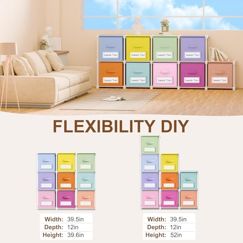 Geelin 9 Cube Toy Storage Organizer with Fabric Bins and Labels, 11 Inch Collapsible Colorful Cubby Storage Drawers Pastel Dresser with Shelf for Playroom Nursery Closet Bedroom Dorm - color: Pastel