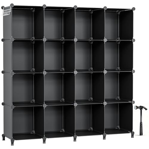 Neprock 16 Cubby Storage Organizer, Closet Clothes Storage Organizer, Cube Shelves Closet Organizers and Storage Shelves for Clothing Storage with Hammer, Bookshelf for Kids（Black） - color: Black