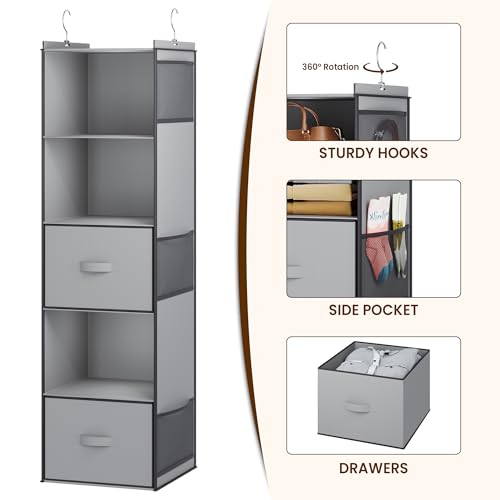 YOUDENOVA Hanging Closet Organizer, 5 Tier Hanging Closet Shelves with 6 Side Pockets and 2 Drawers, Light Grey
