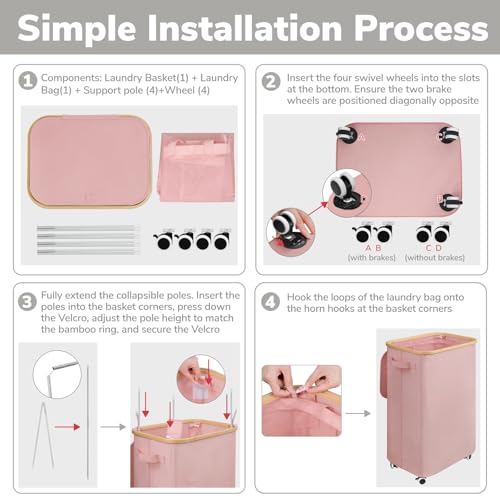 Goodpick Laundry Basket with Wheels, Collapsible Clothes Hampers with Removable Laundry Bag 100L Large Rolling Hamper with Lid for Bedroom, Bathroom, Pink - color: Pink, size: 100L (17.3"L x 13"W x 29.5"H)