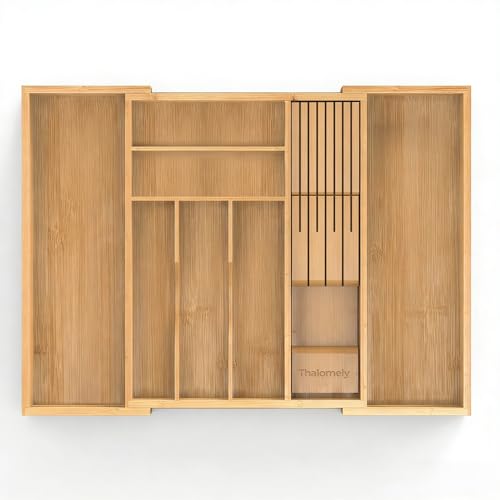 Bamboo Kitchen Drawer Organizer, Expandable Silverware Organizer with Removable Knife Block, 6-8 Slots- Utensil Holder & Cutlery Tray Drawer Dividers, 2.36" Deep for Extra Capacity, Natural - color: Natural