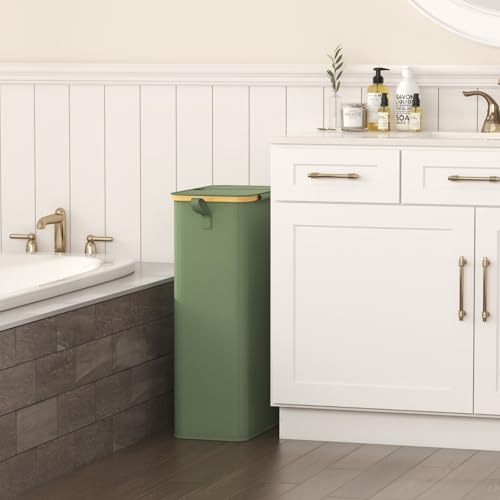 Lifewit 75L Slim Laundry Hamper with Lid, Narrow Laundry Basket with Removable Bag & Bamboo Handles, Fodable Thin Dirty Clothes Hamper for Laundry Collapsible Bin for Bathroom Bedroom Dorm, Green - color: Green, size: 75L
