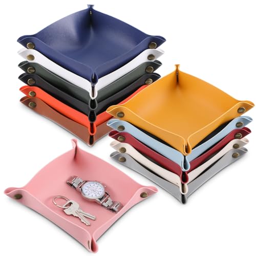 12 Pcs PU Leather Valet Tray, Foldable Catchall Organizer with Snap Buttons, Double Sided Key Tray for Entryway, Desk, Travel, Phone, Keys, Jewelry - 12 Colors - size: Medium