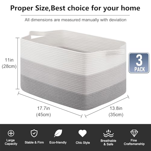 OIAHOMY Rectangle Woven Storage Basket - Nursery Cotton Rope Baskets for Storage, Toy Basket Organizing for Living Room, 17.7"x13.8"x11"- Pack of 3 - Gradient Gray - color: Gradient Gray, size: 3 pcs-17.7”x13.8”x11”