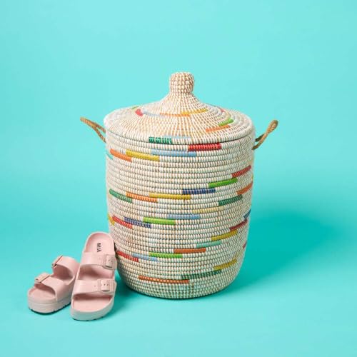 Small Hamper, Colorful Pattern on White, 12" Wide, 14" Tall - size: Small