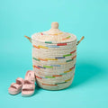Small Hamper, Colorful Pattern on White, 12" Wide, 14" Tall - size: Small