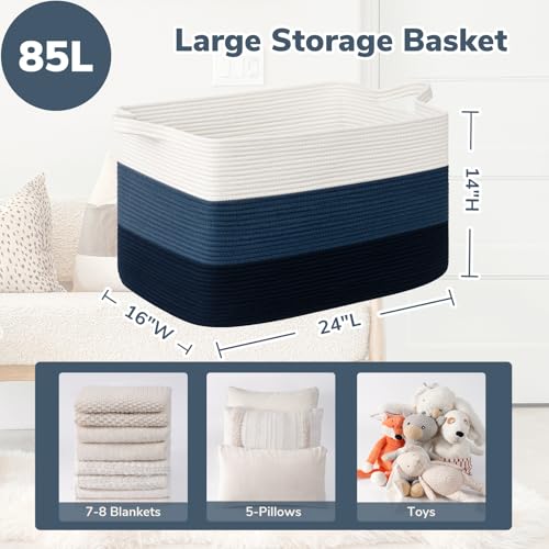 Goodpick 85L Large Blanket Basket 23.6" x 15.7" x 13.8" Cotton Rope Storage Baskets for Organizing, Rectangle Woven Baskets for Storage, Baby Toy Basket for Nursery Bedroom, Blue - color: Light Blue, size: X-Large(23.6"L x 15.7"W x 13.8"H)