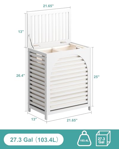 White Laundry Hamper, Laundry Hamper with Lid, 27.3 Gallon (103L) Bamboo Wood Clothes Laundry Basket with Lid and Handles, Removable Liner - color: White, size: Extra Large