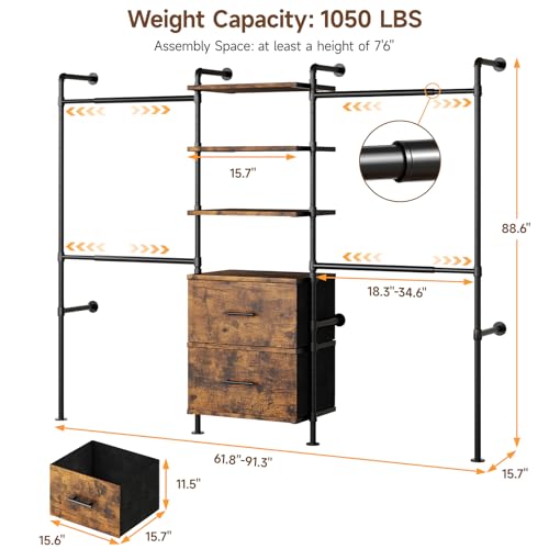 ONBRILL T2 Wall Mounted Industrial Pipe Clothing Rack, Closet Organizers and Storage System with 2 Drawers, 6 Wooden Shelves & 4 Expandable Rods, Heavy Duty Garment Rack, Wardrobe (Rustic Brown) - color: Rustic Brown
