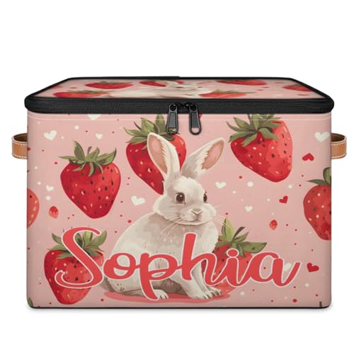 Custom Storage Basket with Name, Personalized Storage Bins with Zipper Lid, Foldable Fabric Storage Box Large capacity with Handle Strawberry Rabbit - color: Option 24