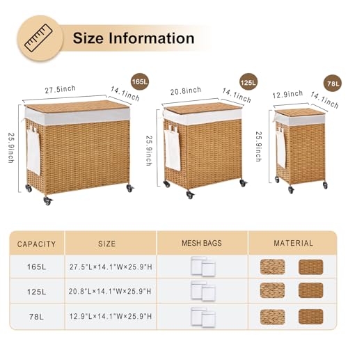 Handwoven Hamper with Lid, Laundry Basket with Wheels, Machine Washable Liner, 3 Section Clothes Hamper for Bathroom Laundry Room Bedroom, Rattan, 165L - color: Rattan/With Lid/165L